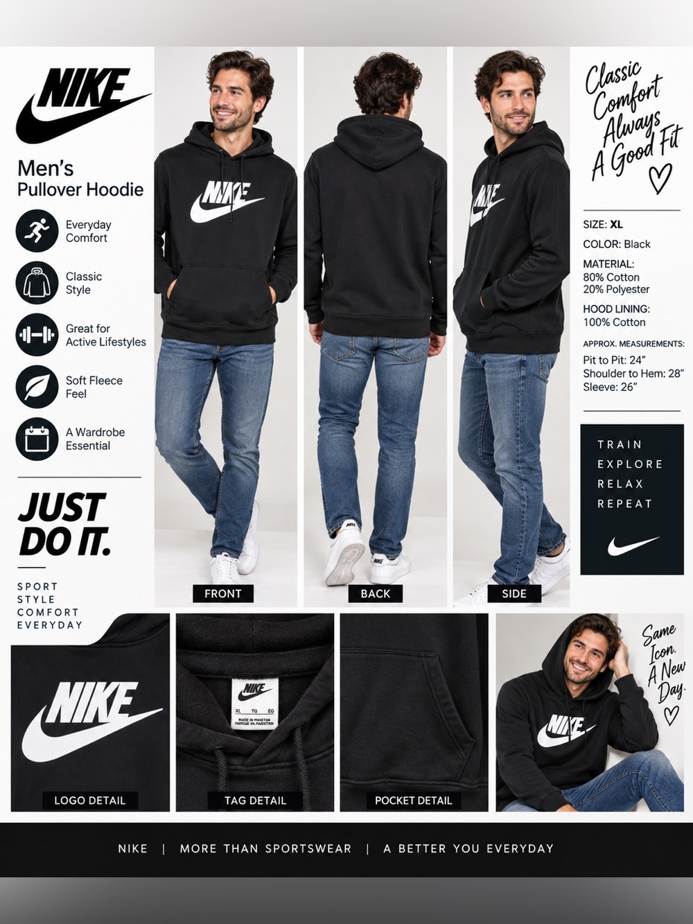 Nike Sportswear Men’s XL Black Pullover Hoodie White Swoosh Logo Fleece